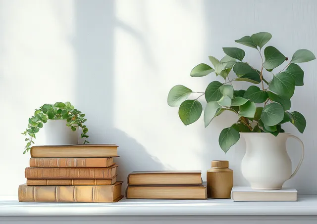 Stacked books and a potted leafy plant in a white cup sit on a shelf against a bright wall.