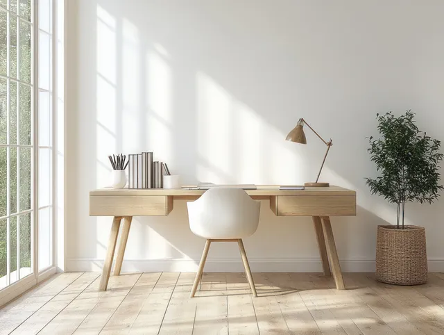 Sunlit minimalist home office with a wooden desk, modern lamp, chair, books, and a potted plant near tall windows.