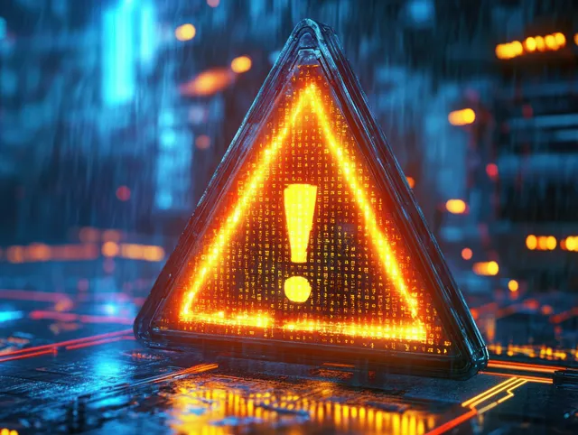 An illuminated orange triangular warning sign with an exclamation mark in a rainy futuristic digital environment.