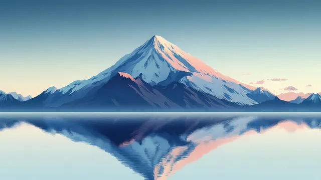 Snowy Mount Fuji towers over a calm lake, reflecting the mountain and clear blue sky.