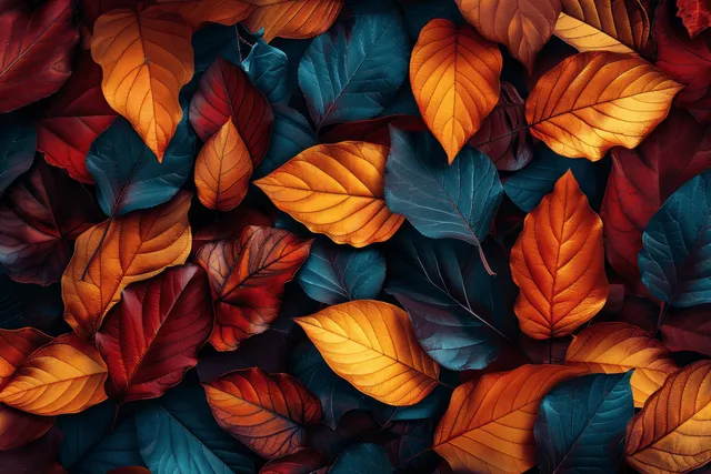 Layered autumn leaves in orange, yellow, and red cover a dark seamless background with visible veins.