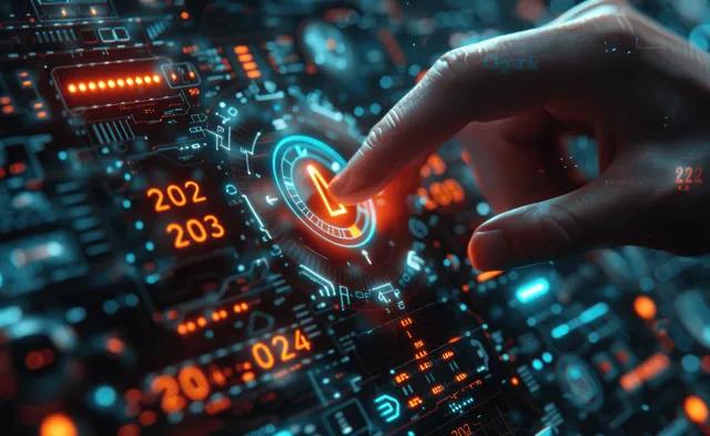 Hand touches glowing 2024 progress bar on futuristic circuit dashboard during countdown