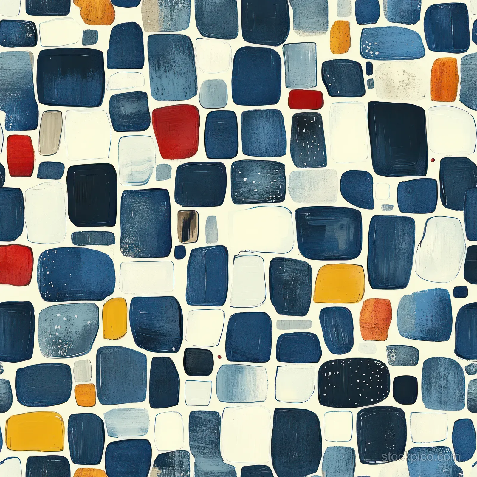 Abstract seamless pattern of rounded navy blue and white blocks with small orange accents.