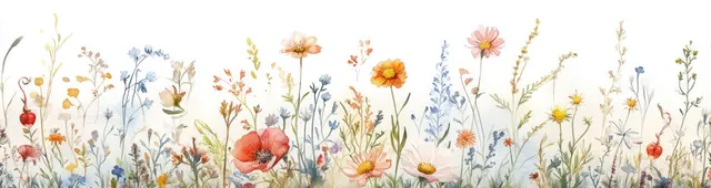 Pastel watercolor wildflower border over airy meadow background with daisies and chamomile