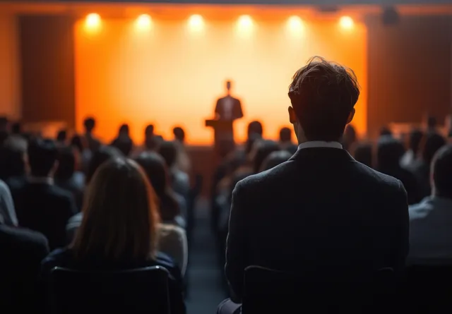 An expert presenter addresses an engaged audience during a business seminar in a conference hall.