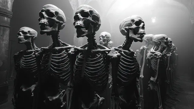 Rows of standing human skeletons face forward in a dark underground corridor under arched shadows.