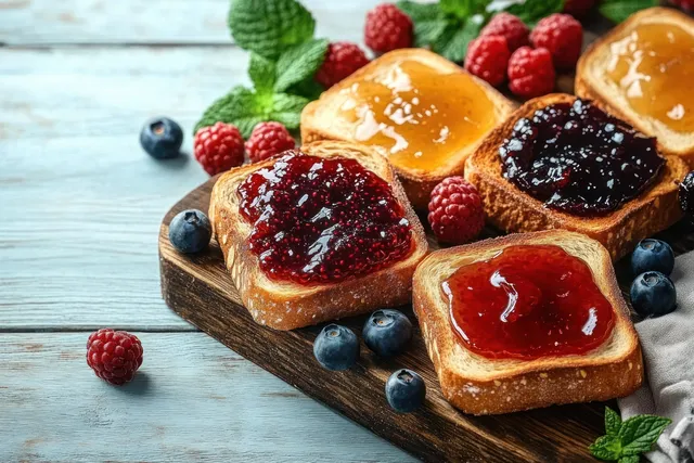 Four toasted bread slices topped with assorted fruit jams on a wooden board beside blueberries, raspberries, and mint leaves.