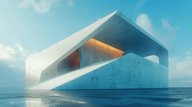 Triangular white concrete building with sharp edges and warm interior light seen from a low angle by the sea.