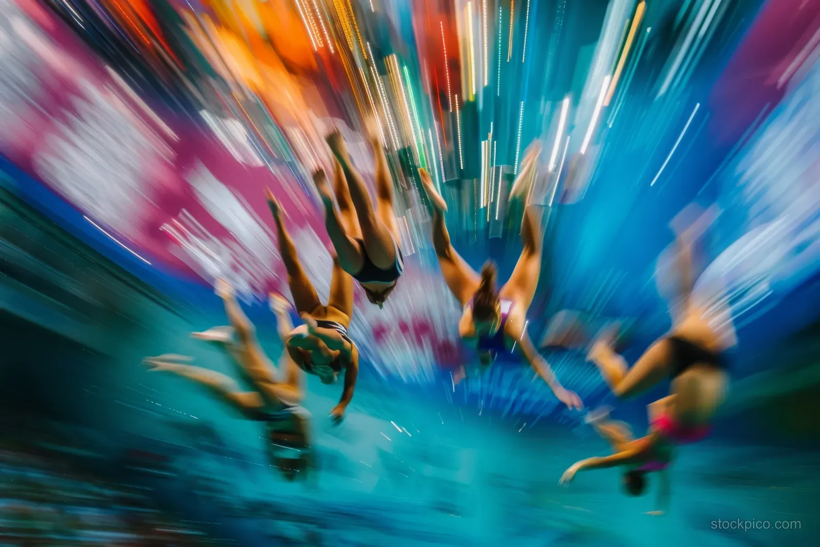 German women’s synchronized divers leap from the 10m board midair over the pool as water splashes below.