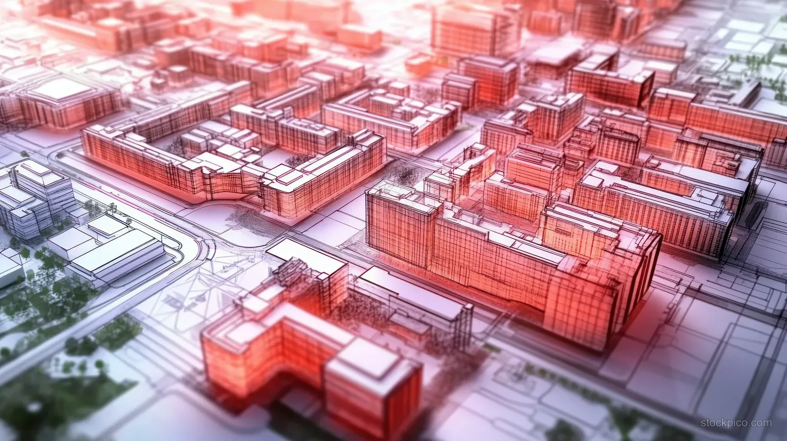 City planning blueprint map with zoning blocks, roads, and red glowing building outlines over a grid.