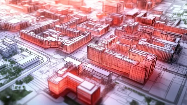 City planning blueprint map with zoning blocks, roads, and red glowing building outlines over a grid.