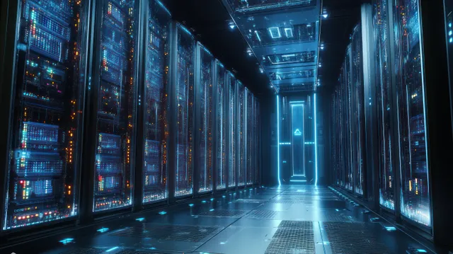 A futuristic data center hallway lined with server racks under blue LED lighting and deep vanishing perspective.