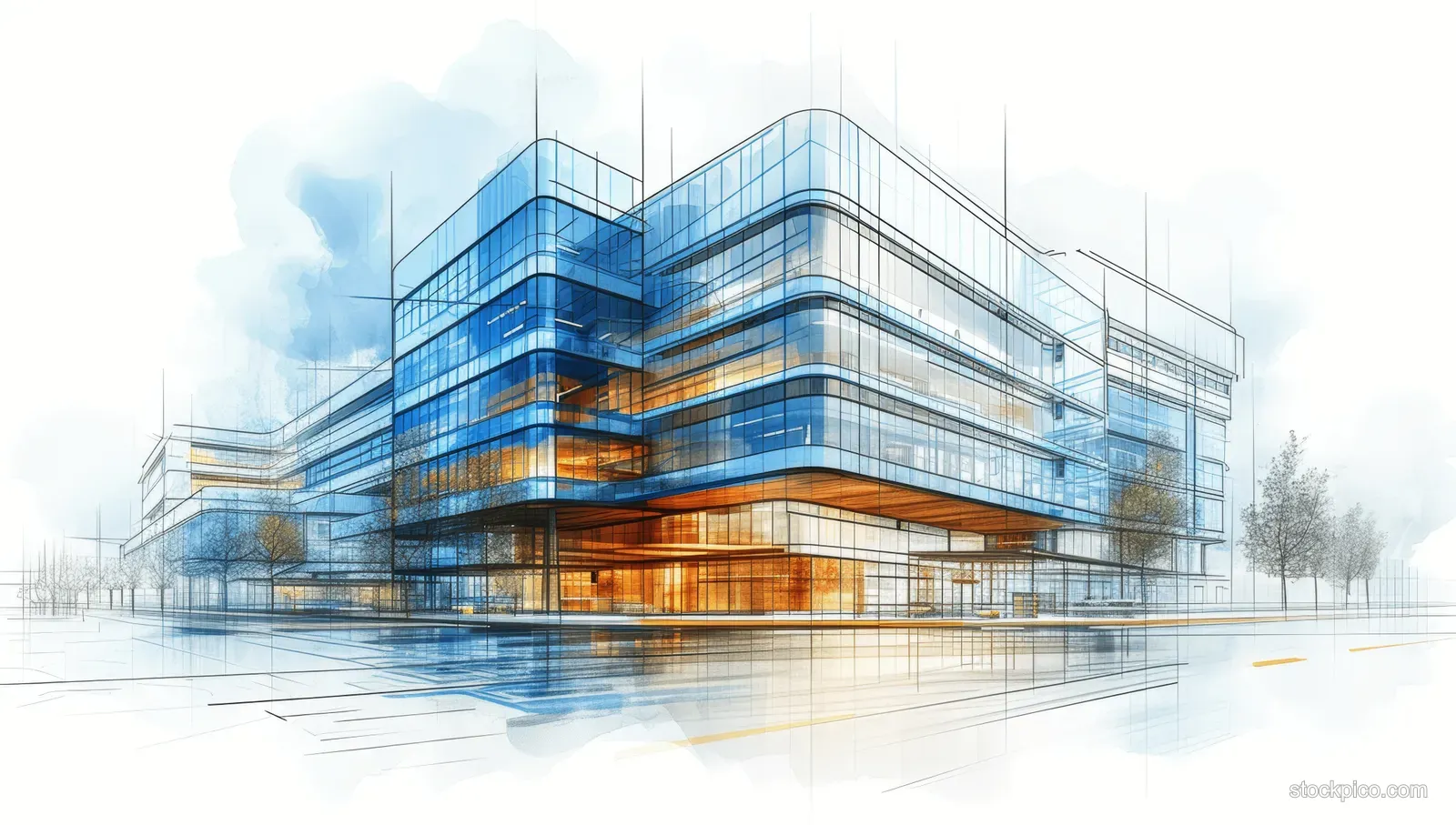 Blueprint-style sketch overlays a modern hospital rendering with glass facade, steel frame, and rooftop details.