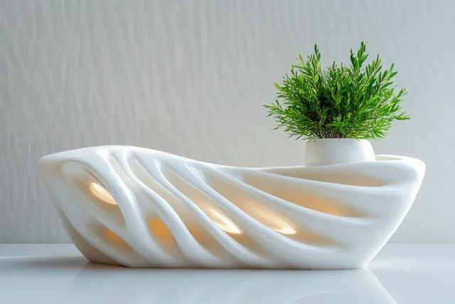 White ceramic planter with warm integrated glow holds a small green plant on a tabletop.