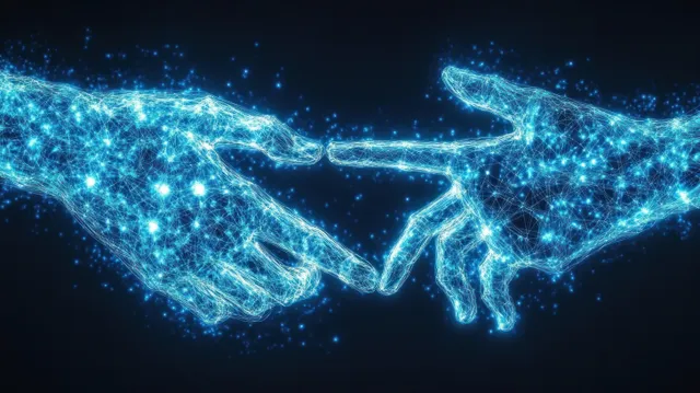 Glowing digital hands reaching together against a dark technology background