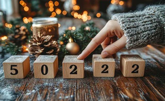 Hand arranging wooden number cubes into 2025 on a rustic New Year table