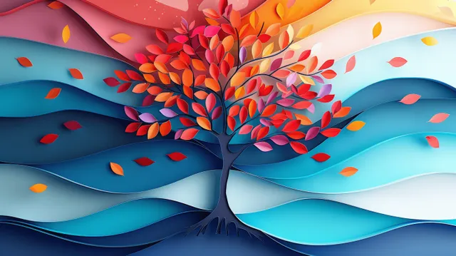 A 3D paper-cut tree with colorful leaves sits on layered ribbon waves over a bright blue background.
