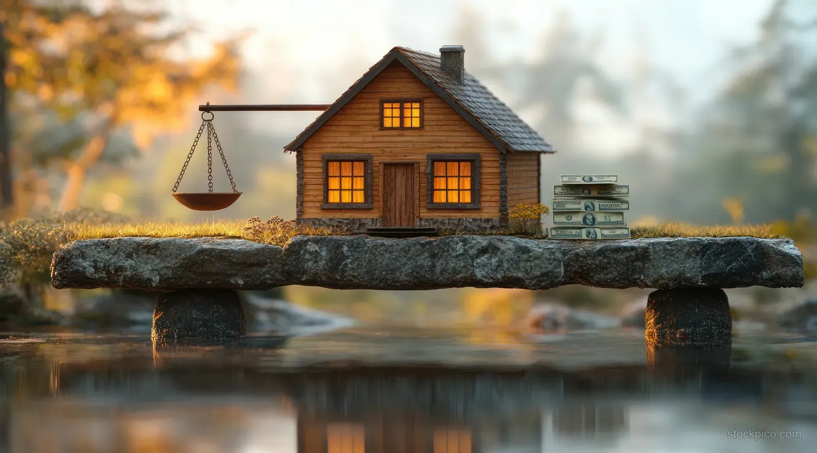 A wooden house placed on a balance scale sits on a log over water with coins and stacked bills nearby.