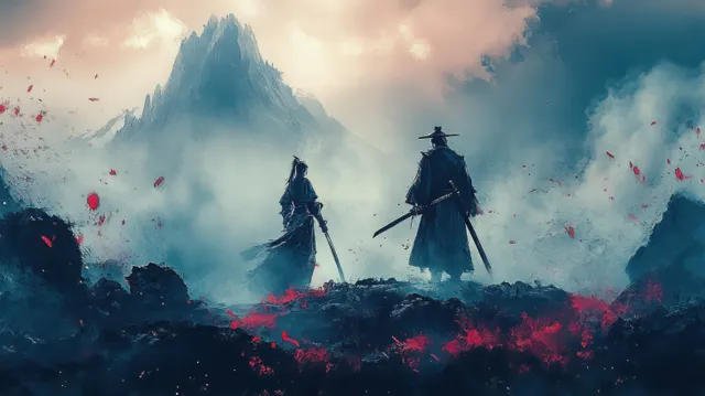 Two samurais duel atop a misty cliff, swords raised, dramatic fog and crimson mist