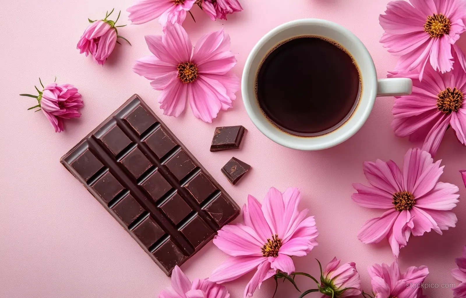 Chocolate bar and black coffee cup sit on a pastel pink background with pink cosmos flowers surrounding them.