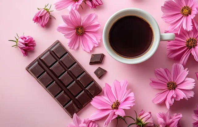 Chocolate bar and black coffee cup sit on a pastel pink background with pink cosmos flowers surrounding them.
