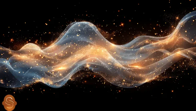 Gold glitter wave flowing across dark space background with sparkling particles