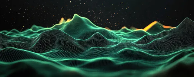 Neon green wireframe mountain landscape with ambient glow and wavy mesh horizon