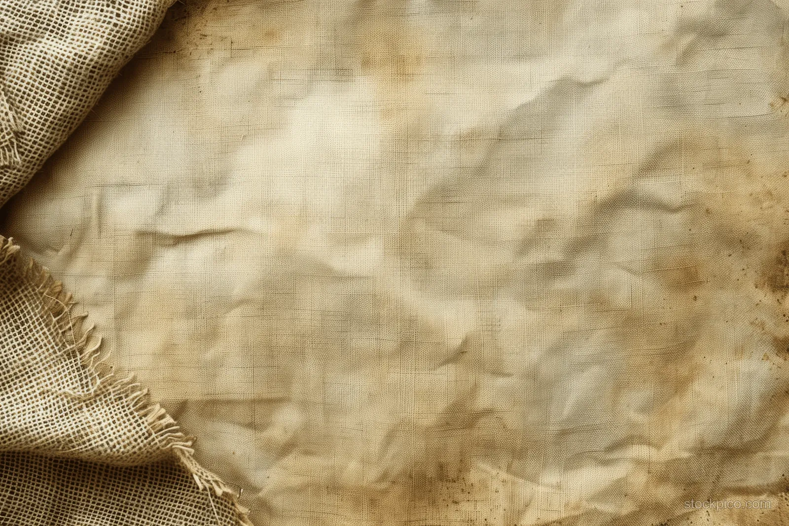 Beige concrete wall background with a creased, torn parchment paper corner and subtle burlap fibers at the edge.