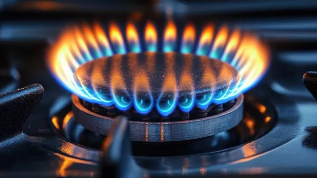 Blue and orange gas flames burn steadily on a metal stove burner ring, filling the frame with fire color.
