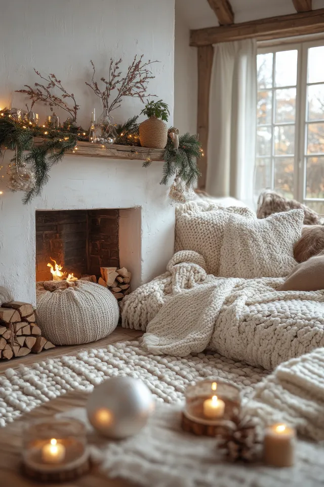 Candlelit Christmas living room with a decorated mantel above a fireplace and soft winter greenery near the window.