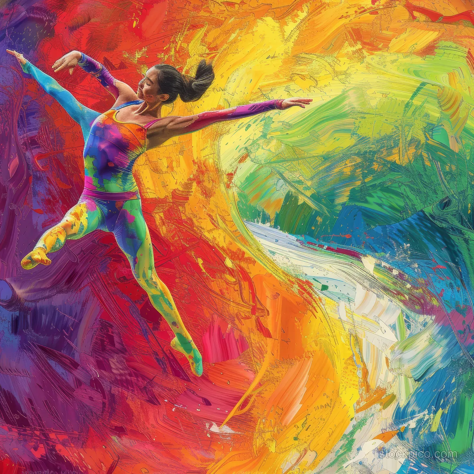A Chinese artistic gymnast leaps midair while colorful paint-like swirls wrap around her body and uniform.