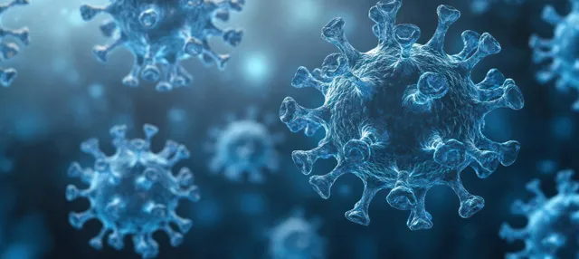 Blue virus particles float in a microscopy-style background with soft glowing bokeh lights.
