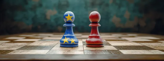Blue EU and red Russia pawn pieces face each other on a chessboard with dim, dramatic lighting.