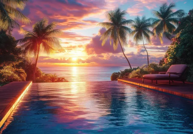 Infinity pool with lounge chairs and palm trees overlooking an ocean at sunset with pink and orange sky reflections.