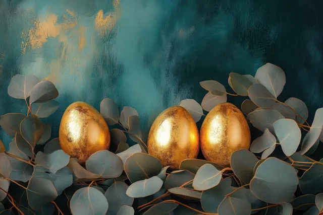Three shiny golden eggs resting among eucalyptus leaves on a textured teal background.