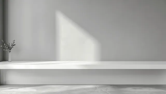 Blank white shelf banner mockup on grey wall with minimalist lighting and empty space