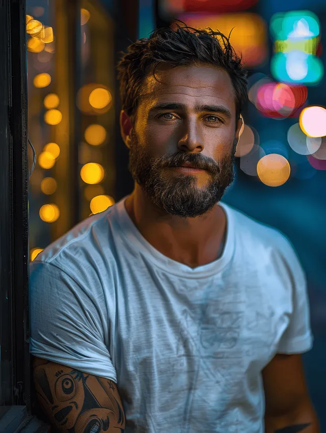 Bearded man in white T-shirt posing on an urban night street with colorful bokeh lights