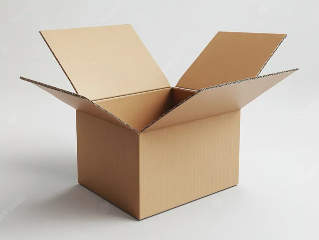 Open cardboard shipping box mockup on white background with visible flaps and corrugated texture with Mock Up View