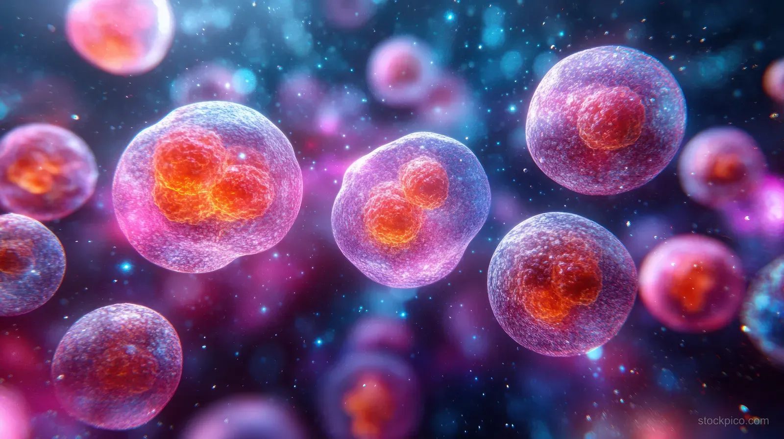 Glowing spherical bacterial cells representing Neisseria meningitidis float in a deep blue microscopic scene.