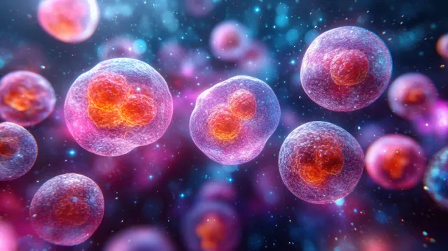 Glowing spherical bacterial cells representing Neisseria meningitidis float in a deep blue microscopic scene.