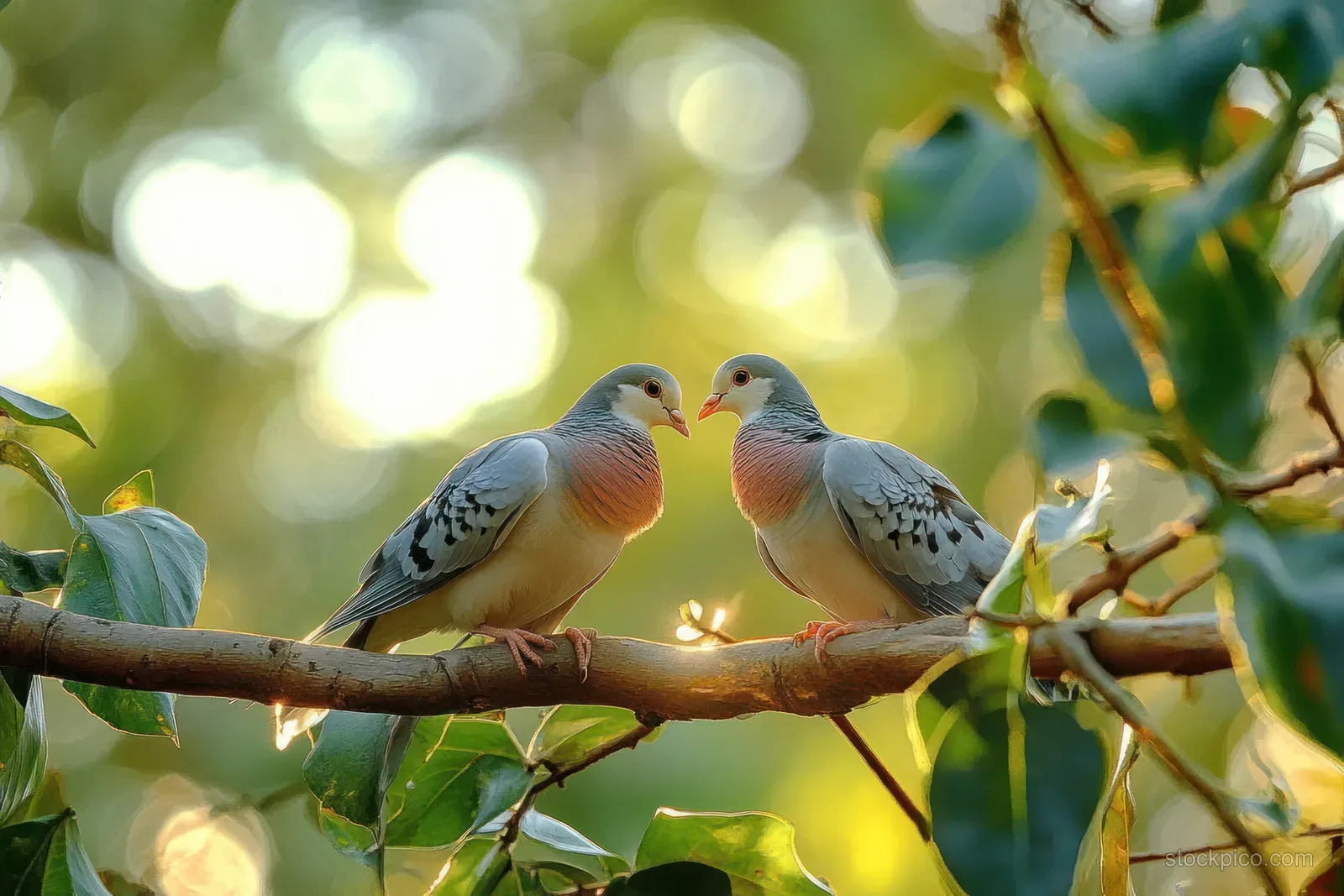 Two pigeons perched on a tree branch among green leaves with soft glowing bokeh in the background.