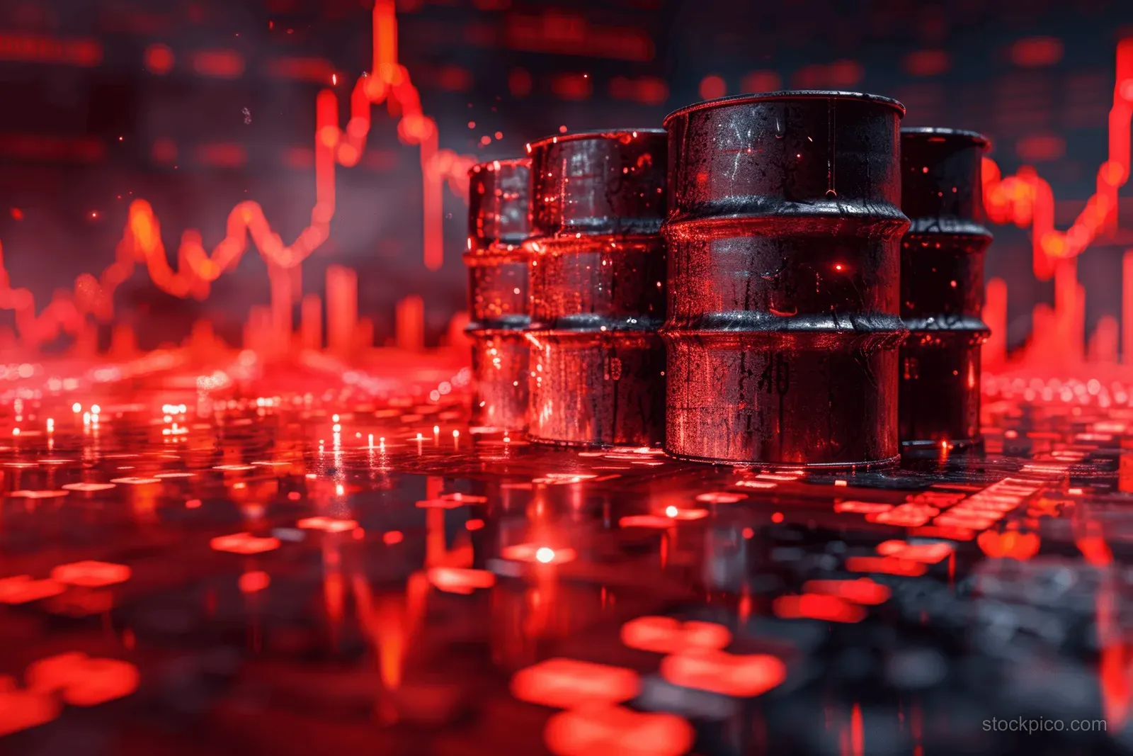 Crude oil barrels in front of a red fluctuating market chart background with graph lines and data overlays.