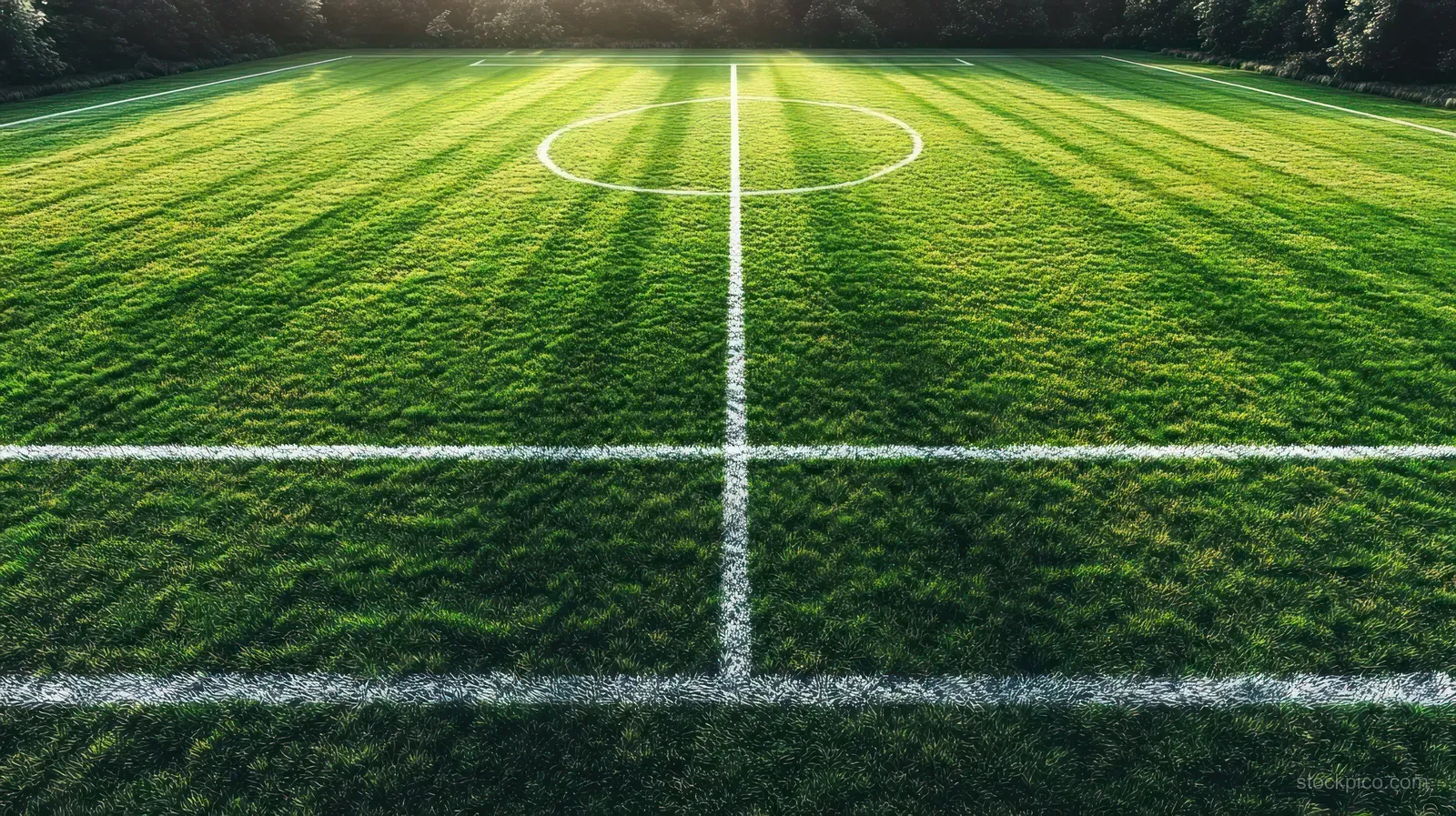 Empty soccer pitch with white field markings on fresh green grass under soft sunlight near trees.