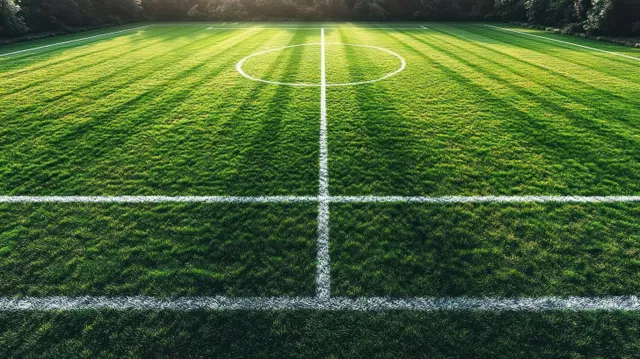 Empty soccer pitch with white field markings on fresh green grass under soft sunlight near trees.