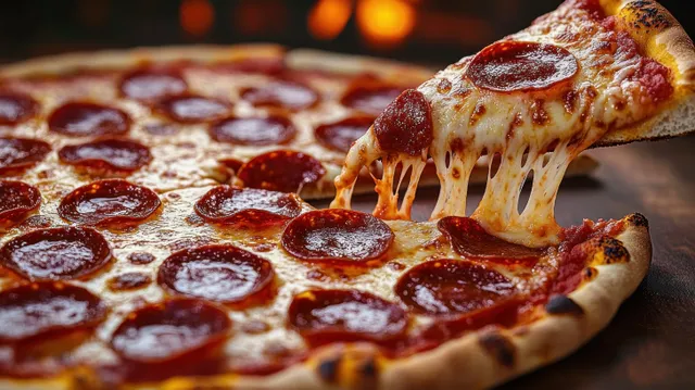A hand lifts a pepperoni pizza slice as melted cheese stretches over a crispy crust in a dark, oven setting.