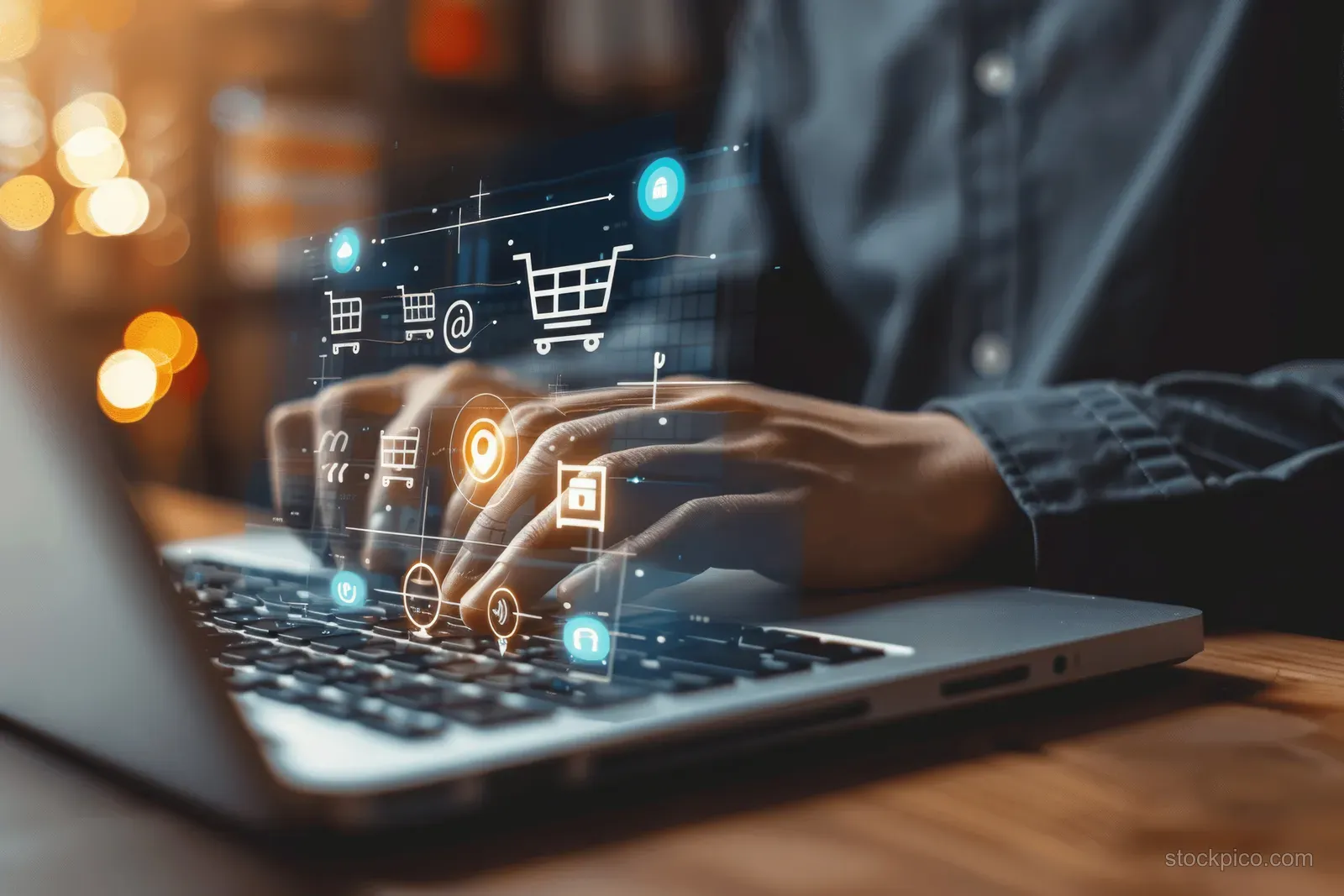 A person uses a laptop keyboard with glowing shopping cart and delivery icons floating on the screen.