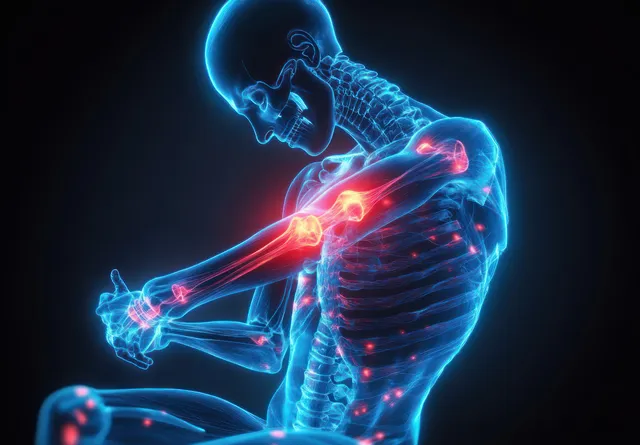 Neon blue 3D skeleton with a glowing red hotspot at the elbow joint against a dark background.