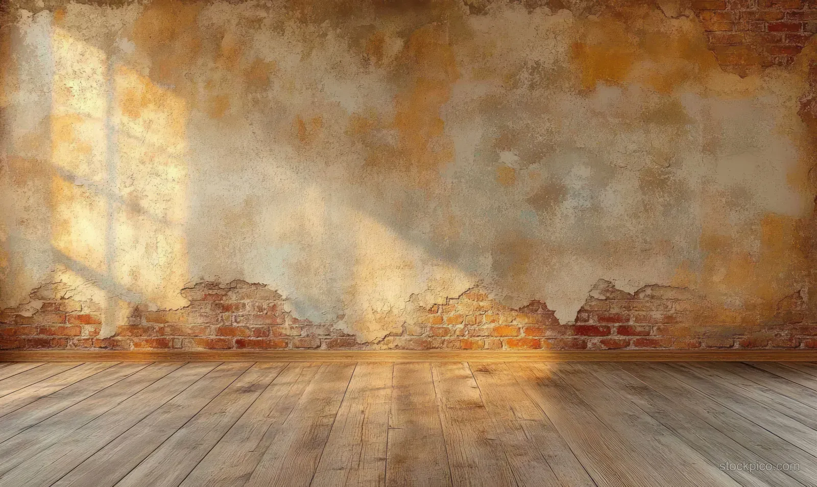 Empty abandoned living room with a cracked brick wall and dusty wooden floor in warm golden-hour light.