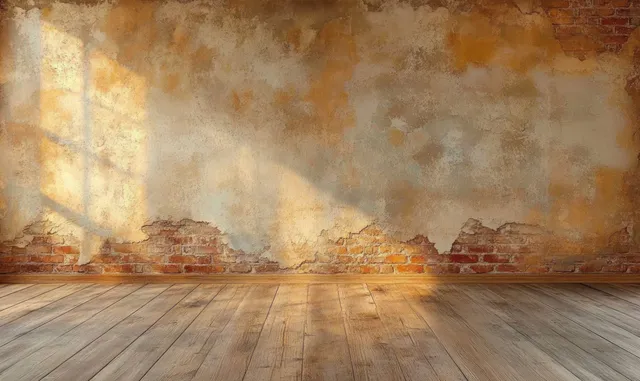 Empty abandoned living room with a cracked brick wall and dusty wooden floor in warm golden-hour light.