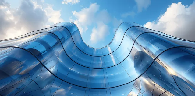 Futuristic curved glass skyscraper exterior with reflective blue panels against a partly cloudy blue sky.